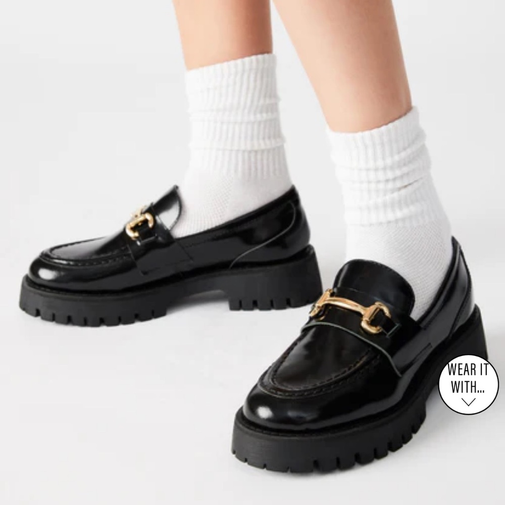 Steve Madden Black Patent Leather Lug Sole Loafers with Gold Hardware